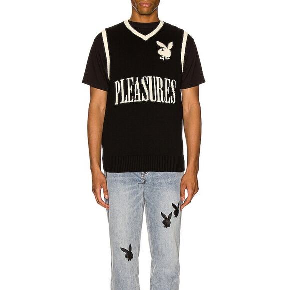 PLEASURES x Playboy Sweater Vest Vintage V-Neck Sleeveless Logo Pullover, Black - Picture 14 of 14